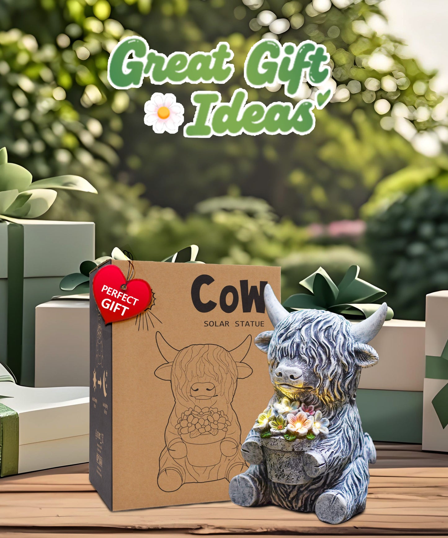 Nacome Solar Garden Highland Cow Holding Succulent Planter with LED Lights Outdoor Decor for Outside Yard Patio Balcony Porch Decorations - Birthday Gifts Mom Grandma Women(Grey)