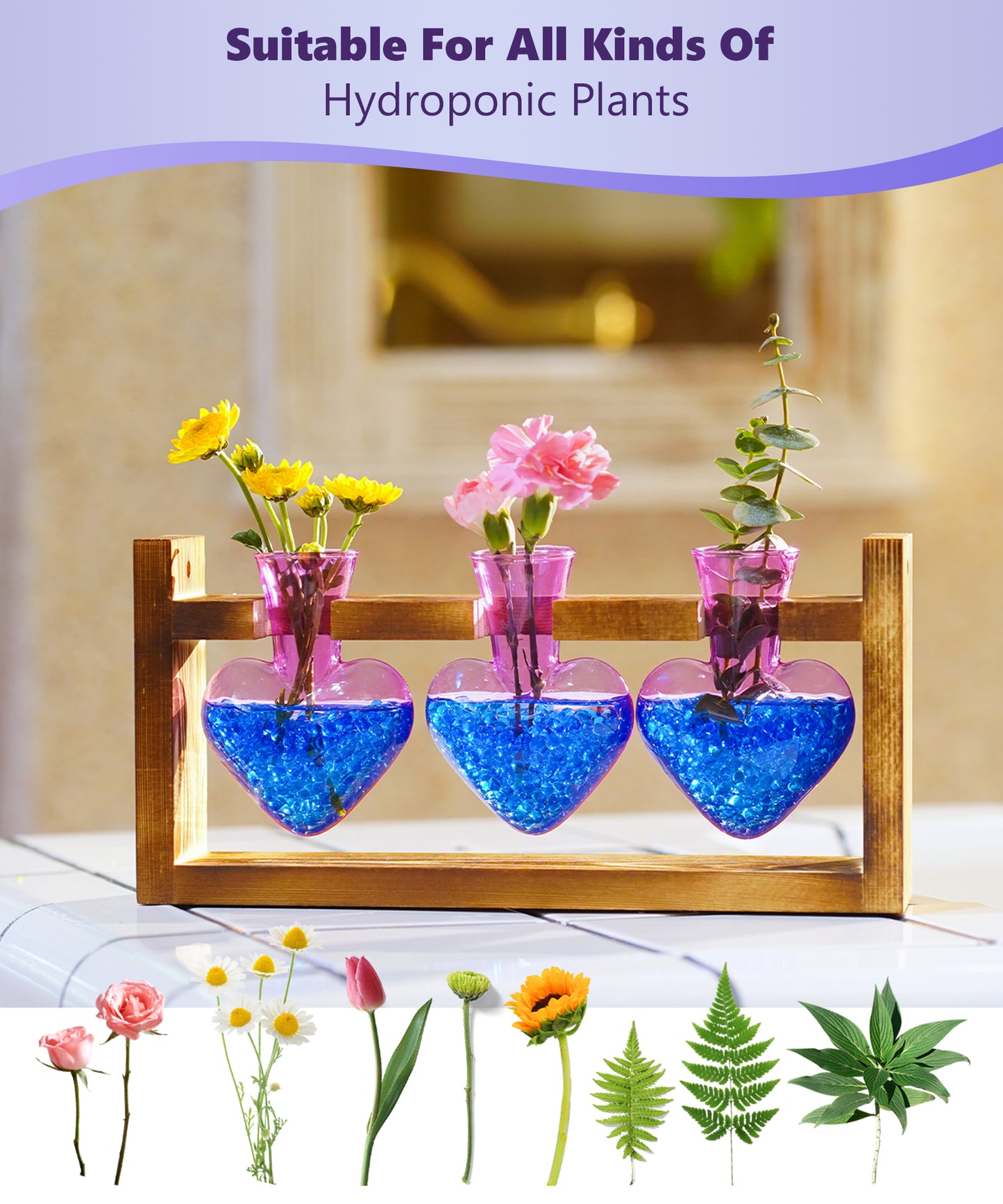 Nacome Plant Terrarium for Office Decor: Birthday Gifts for Plant Lovers Women Mom Wife - Wooden Stand Tabletop Planter 3 Bulb Glass Vase Heart Shaped for Hydroponics Indoor Home(Purple)
