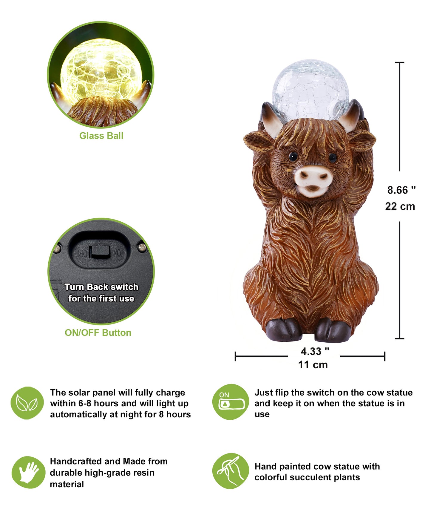 Nacome Solar Highland Cow Garden Decor - Outdoor Statues with Bubble Ball Balcony Lown Patio Porch Sculptures Front Yard Art for Outside - Birthday Gifts for Mom Grandma Women(Brown)
