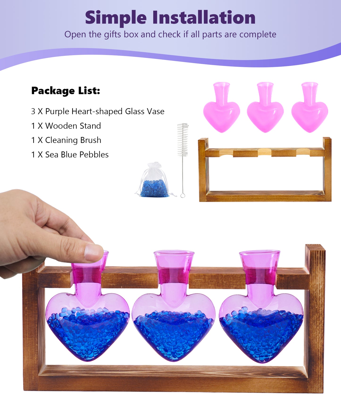 Nacome Plant Terrarium for Office Decor: Birthday Gifts for Plant Lovers Women Mom Wife - Wooden Stand Tabletop Planter 3 Bulb Glass Vase Heart Shaped for Hydroponics Indoor Home(Purple)