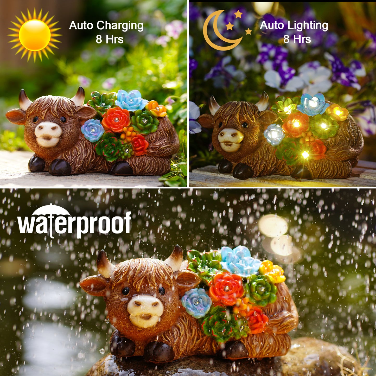 Nacome Solar Garden Statues Highland Cow with Succulent and 6 LED Lights - Lawn Decor for Patio Balcony Yard Ornaments - Birthday Gifts Mom Grandma Women(Brown)