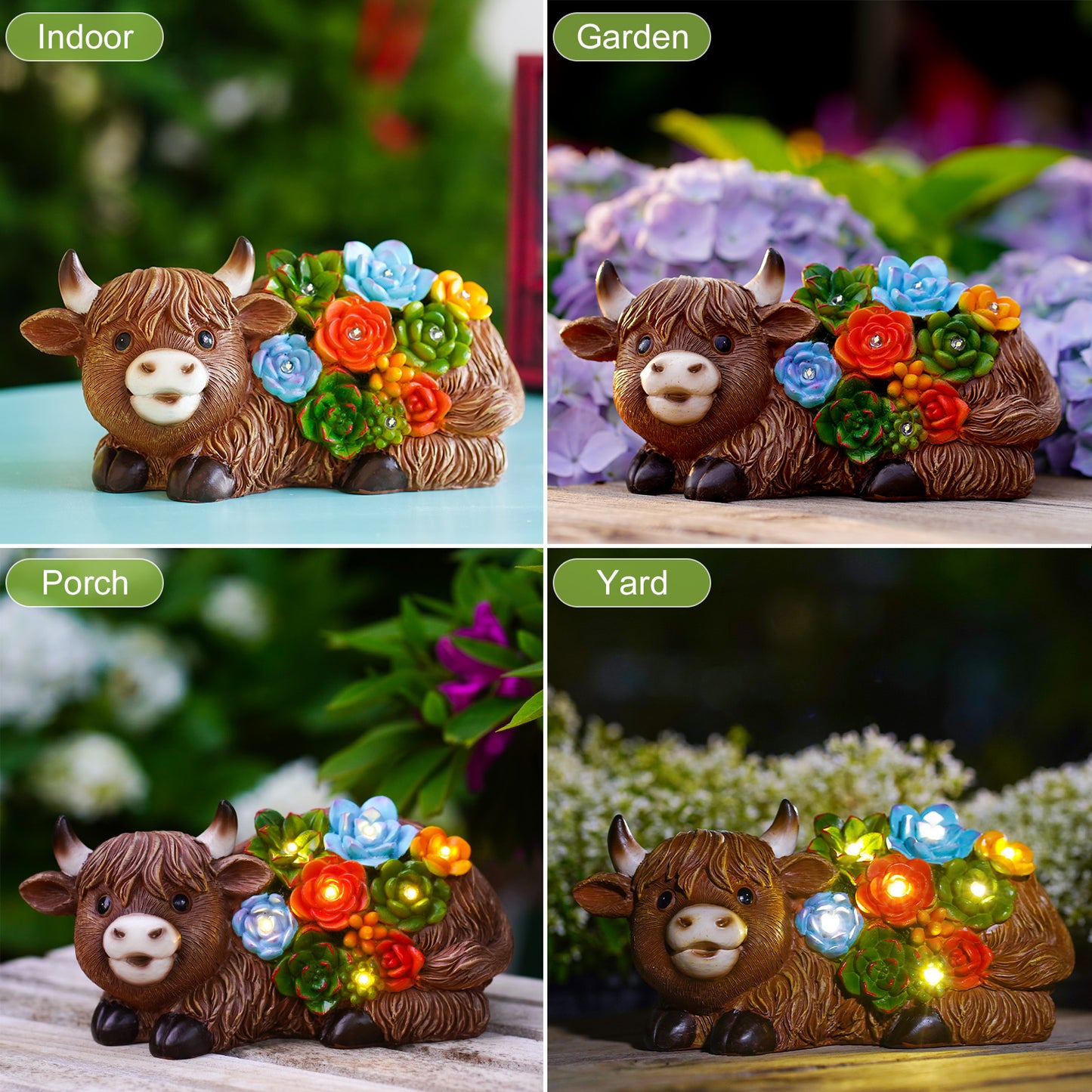 Nacome Solar Garden Statues Highland Cow with Succulent and 6 LED Lights - Lawn Decor for Patio Balcony Yard Ornaments - Birthday Gifts Mom Grandma Women(Brown)