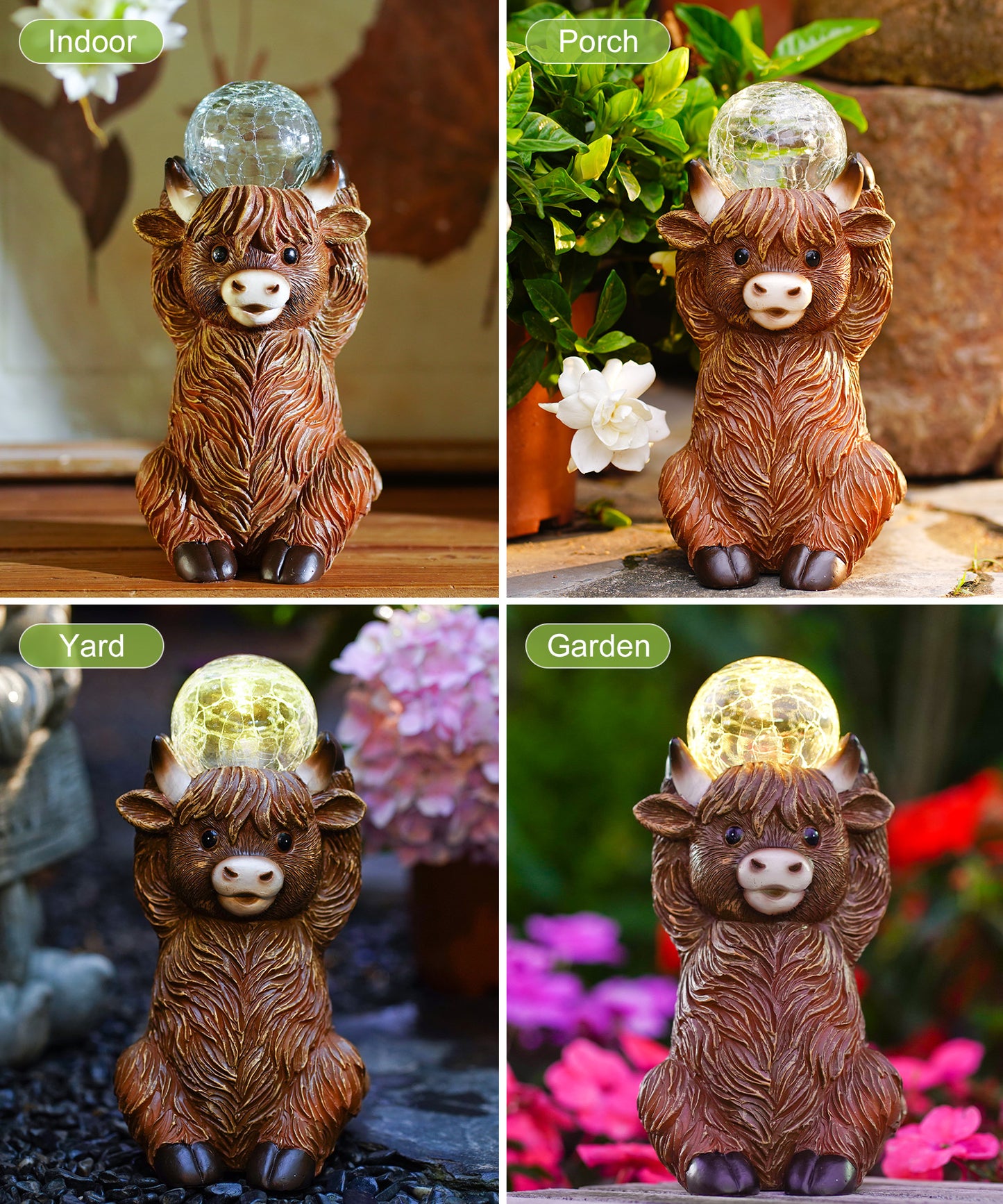 Nacome Solar Highland Cow Garden Decor - Outdoor Statues with Bubble Ball Balcony Lown Patio Porch Sculptures Front Yard Art for Outside - Birthday Gifts for Mom Grandma Women(Brown)