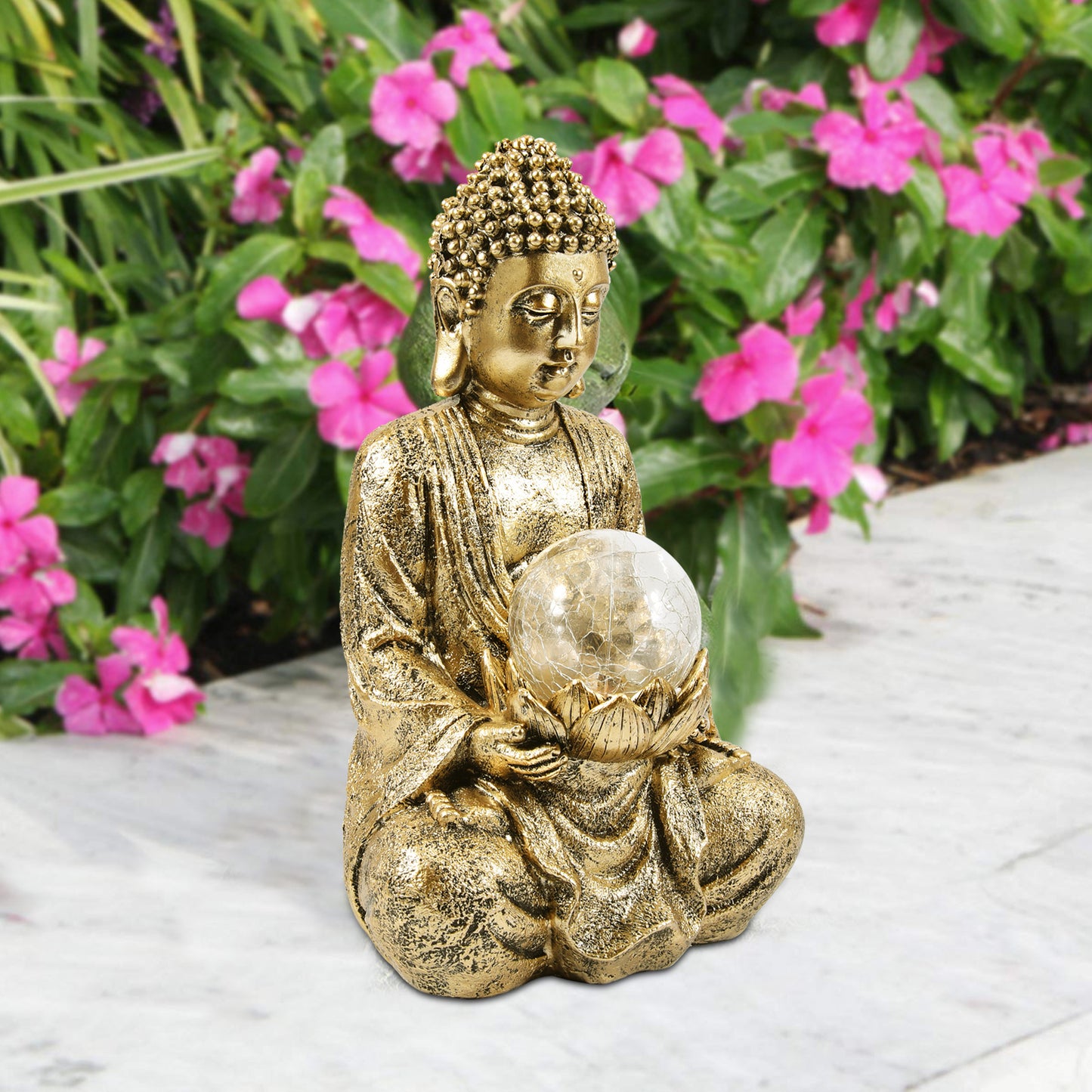 Nacome Meditating Buddha Statue with Solar Light,Zen Solar Garden Buddha with Cracked Glass Ball Sculpture-Indoor/Outdoor Decor for Balcony,Garden,Patio,Porch Yard Art Ornament,10.5 inch(Gold)