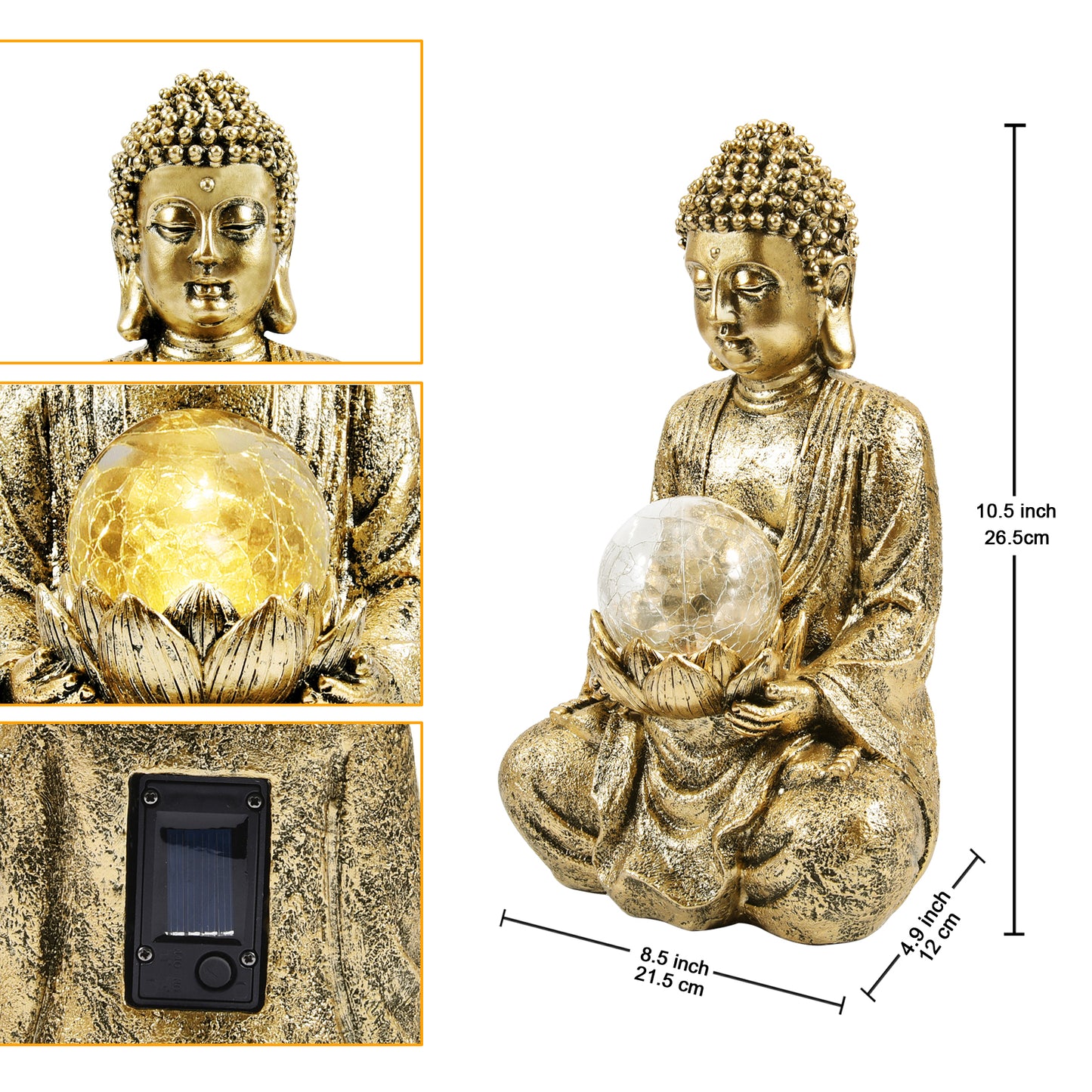 Nacome Meditating Buddha Statue with Solar Light,Zen Solar Garden Buddha with Cracked Glass Ball Sculpture-Indoor/Outdoor Decor for Balcony,Garden,Patio,Porch Yard Art Ornament,10.5 inch(Gold)