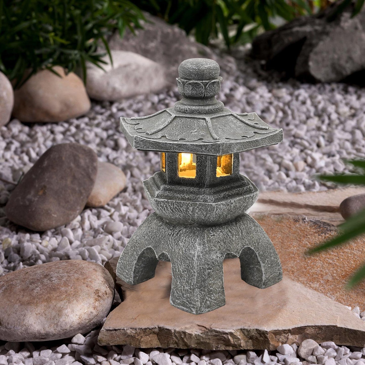 Nacome Solar Pagoda Lantern Garden Statue,Indoor/Outdoor Zen Asian Decor for Landscape Balcony,Garden,Patio,Porch Yard Art Ornament,Polyresin, Stone Finish