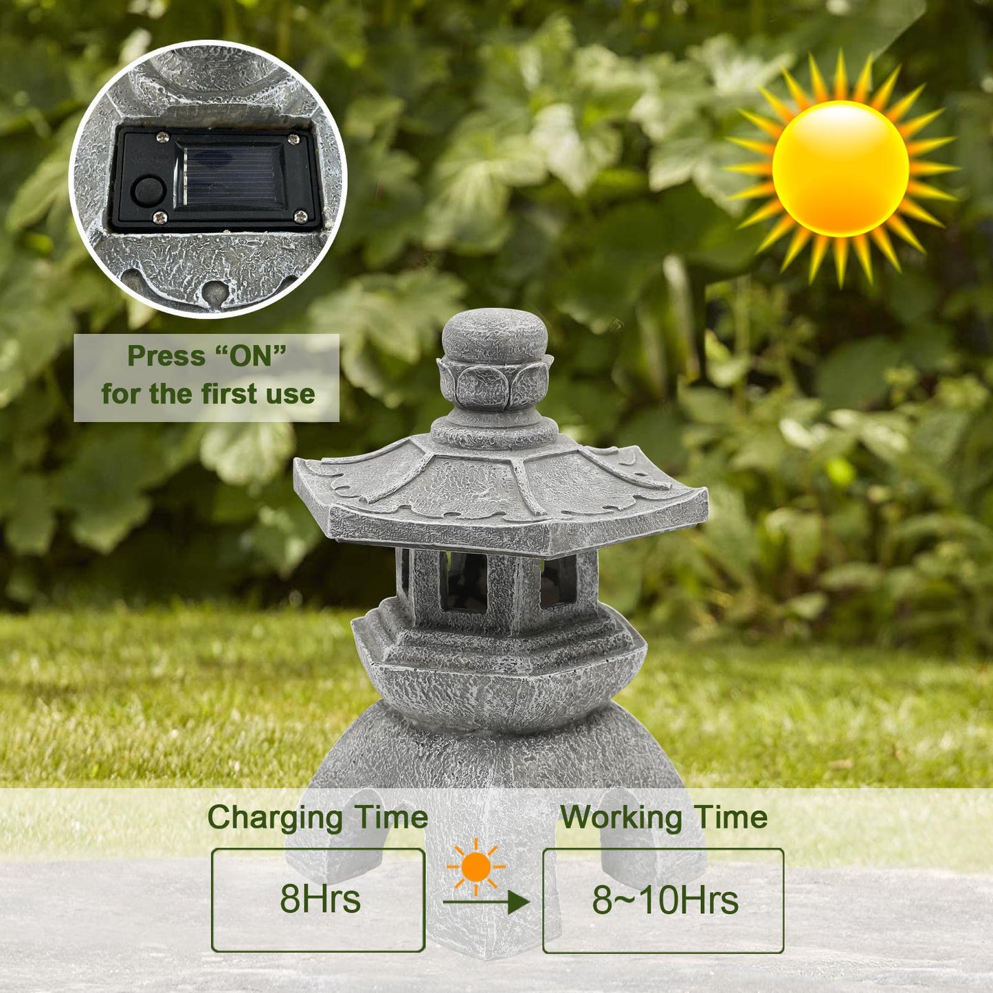 Nacome Solar Pagoda Lantern Garden Statue,Indoor/Outdoor Zen Asian Decor for Landscape Balcony,Garden,Patio,Porch Yard Art Ornament,Polyresin, Stone Finish