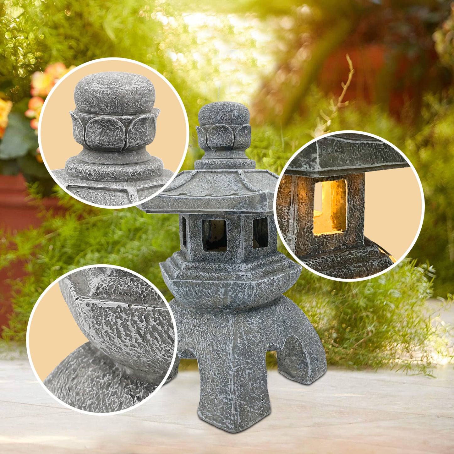 Nacome Solar Pagoda Lantern Garden Statue,Indoor/Outdoor Zen Asian Decor for Landscape Balcony,Garden,Patio,Porch Yard Art Ornament,Polyresin, Stone Finish
