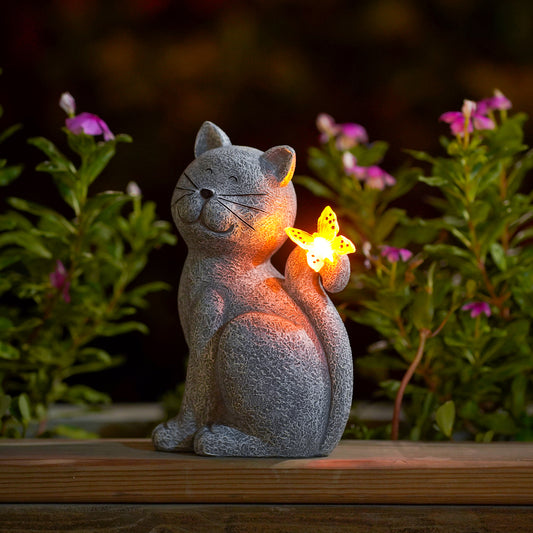Solar Cat Outdoor Statues for Garden: Outside Decor with Butterfly Clearance for Yard Art Lawn Ornaments Porch Patio Balcony Home House - Birthday Gifts for Grandma Mom Women