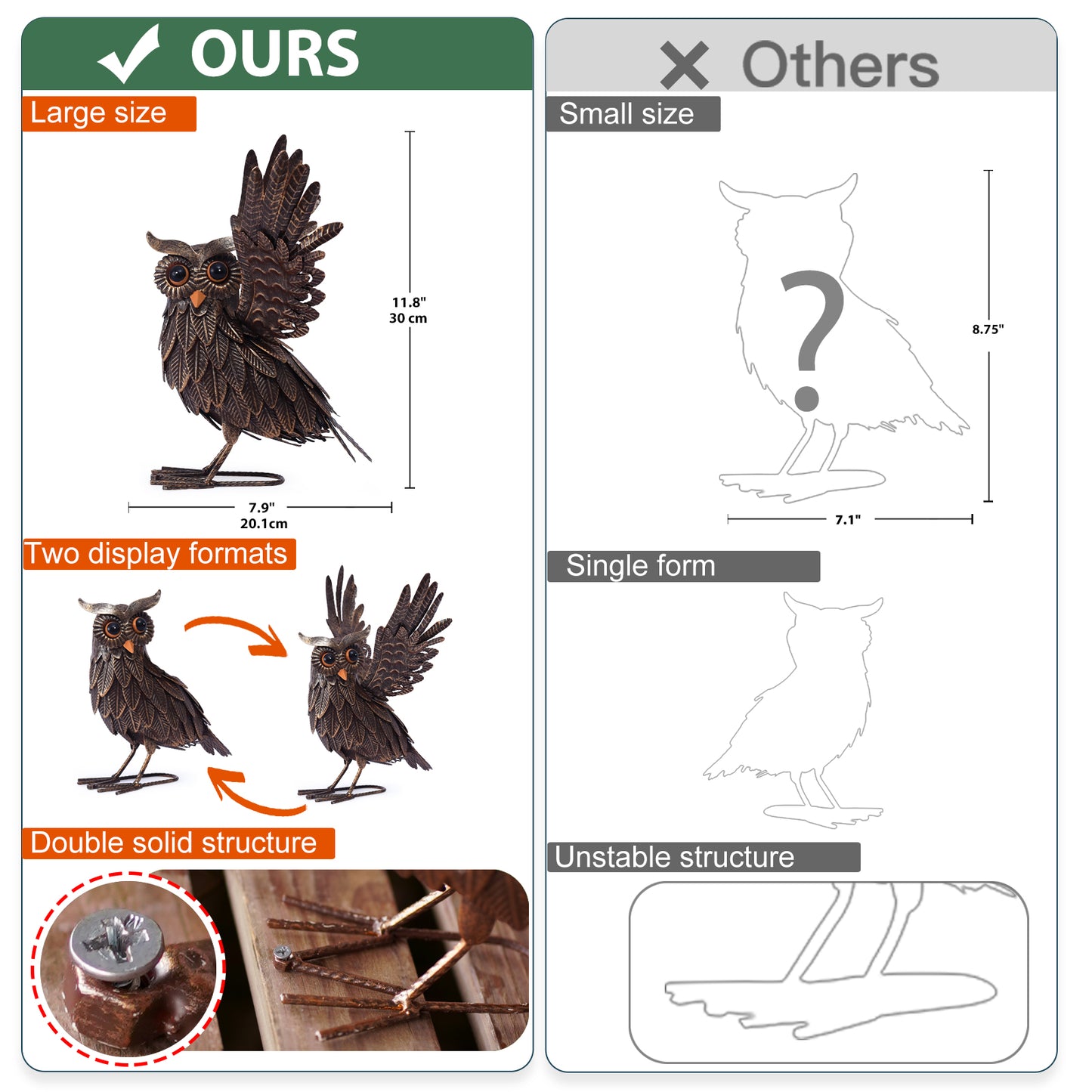 Nacome Owl Garden Decor Metal Yard: Art Outdoor Sculptures & Statues Large Bird Ornaments for Patio Balcony Front Backyard - Gifts for Grandma Mom(Copper)