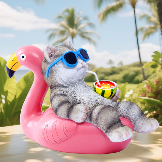 Nacome Cat Lying Flamingo for Garden Statue: Solar Outdoor Decor Figurine for Clearance Outside Lawn Ornaments Porch Patio Balcony – Gifts for Grandma Mom