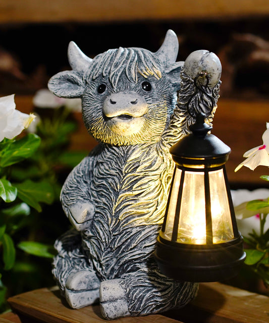 Nacome Highland Cow Statues for Garden Decor: Outdoor Sculptures with Solar Lantern for Clearance Outside Lawn Ornaments Porch Patio Balcony Yard – Birthday Gifts for Women Mom Grandma(Gray)