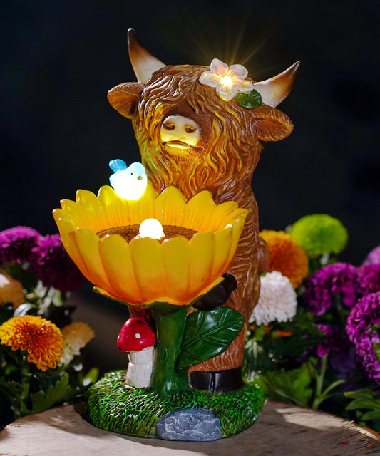 Nacome Solar Highland Cow Garden Decor: Bird Bath for Outside Outdoor Statues Ornaments Yard Art Lawn Porch Patio Balcony Decorations Birdbath - Birthday Gifts for Mom Grandma Women(Brown)