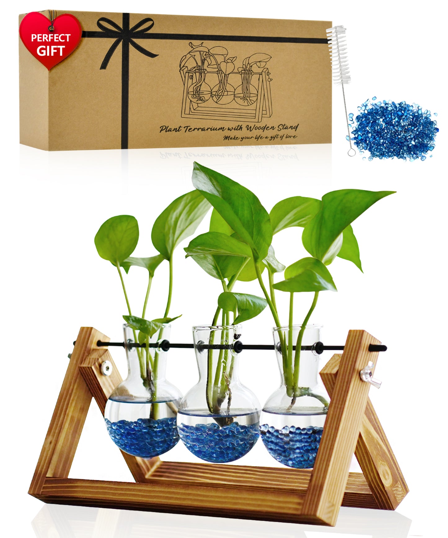 Nacome Plant Terrarium for Office Decor: Wooden Stand Tabletop Planter 3 Bulb Glass Vase Metal Swivel Holder for Hydroponics Indoor Home - Birthday Gifts for Women Mom Grandma