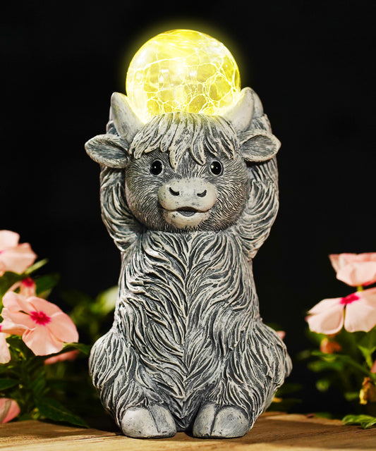 Nacome Solar Highland Cow Garden Decor - Outdoor Statues with Bubble Ball Balcony Lown Patio Porch Sculptures Front Yard Art for Outside - Birthday Gifts for Mom Grandma Women(Grey)