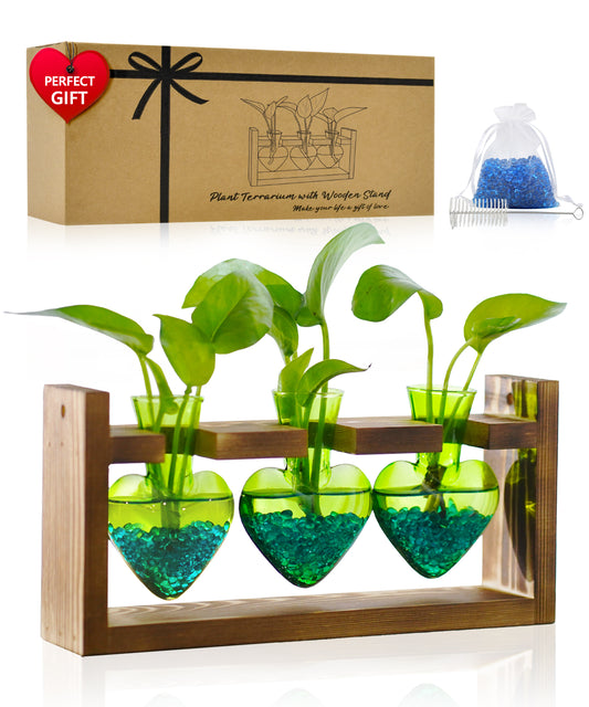 Nacome Plant Terrarium for Office Decor: Birthday Gifts for Plant Lovers Women Mom Wife - Wooden Stand Tabletop Planter 3 Bulb Glass Vase Heart Shaped for Hydroponics Indoor Home(Green)