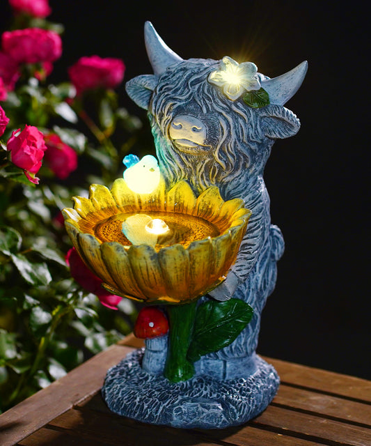 Nacome Solar Highland Cow Garden Decor: Bird Bath for Outside Outdoor Statues Ornaments Yard Art Lawn Porch Patio Balcony Decorations Birdbath - Birthday Gifts for Mom Grandma Women(Grey)