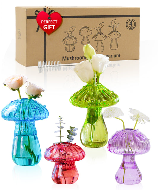 Nacome Mushroom Glass Propagation Station for Plants: Set of 4 Colored Vases Terrarium Kit for Home Office Indoor Hydroponics Decor - Birthday Gifts for Women Mom Grandma