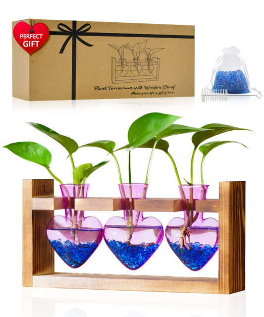 Nacome Plant Terrarium for Office Decor: Birthday Gifts for Plant Lovers Women Mom Wife - Wooden Stand Tabletop Planter 3 Bulb Glass Vase Heart Shaped for Hydroponics Indoor Home(Purple)