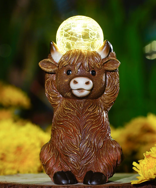 Nacome Solar Highland Cow Garden Decor - Outdoor Statues with Bubble Ball Balcony Lown Patio Porch Sculptures Front Yard Art for Outside - Birthday Gifts for Mom Grandma Women(Brown)