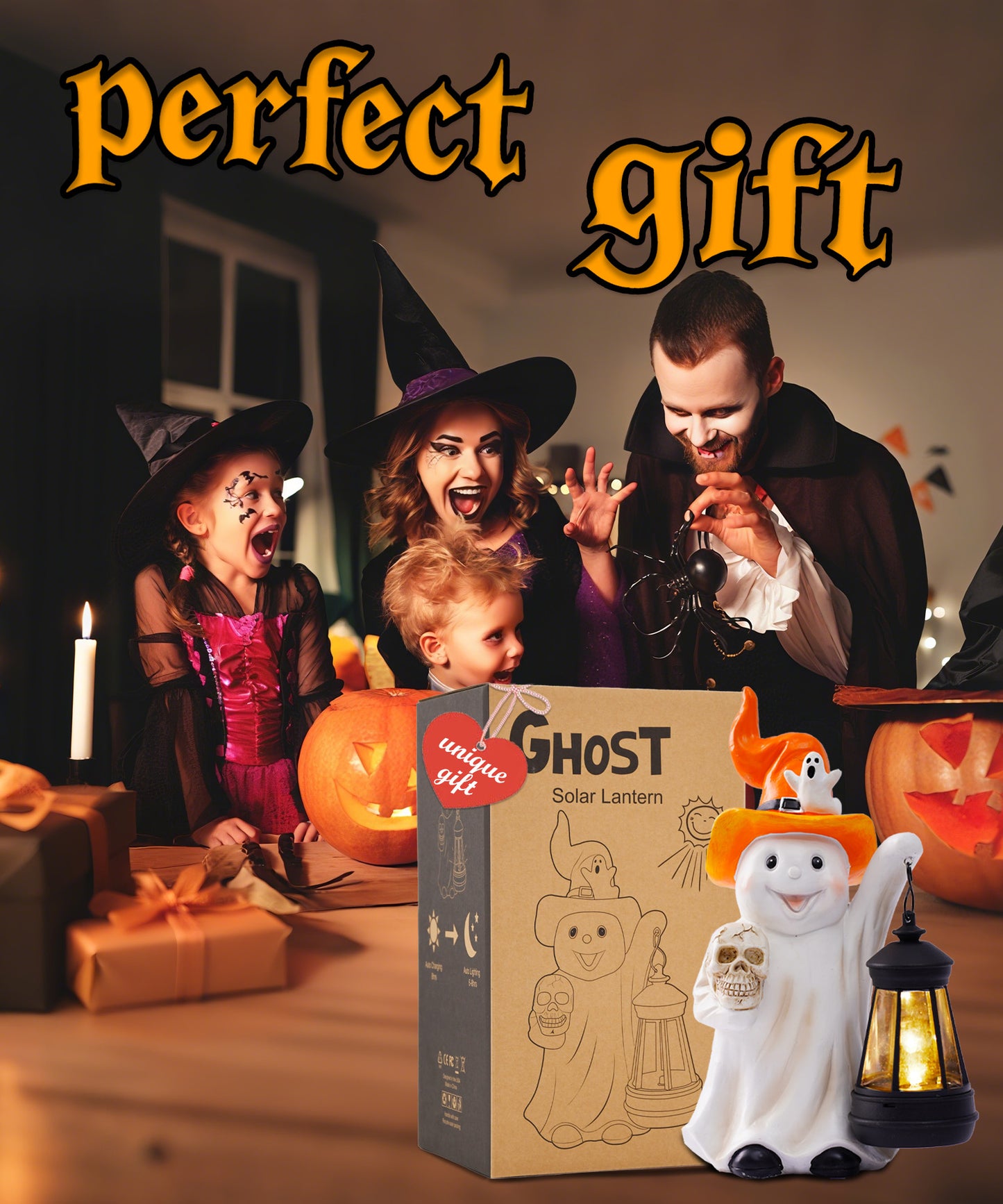 Nacome Halloween Cute Ghost with Solar Lantern: Scary Figurine Spooky Decoration for Garden Outdoor, Holiday, Party, Indoor, Office,Dinner Table - Adorable Gift Ideal Choice