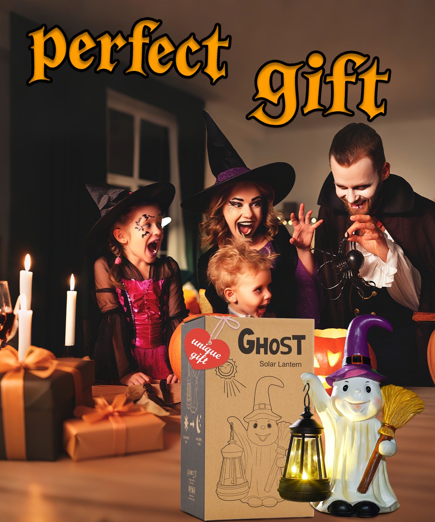 Nacome Halloween Cute Ghost with Solar Lantern: Scary Figurine Spooky Decoration for Garden Outdoor, Holiday, Party, Indoor, Office,Dinner Table - Adorable Gift Ideal Choice