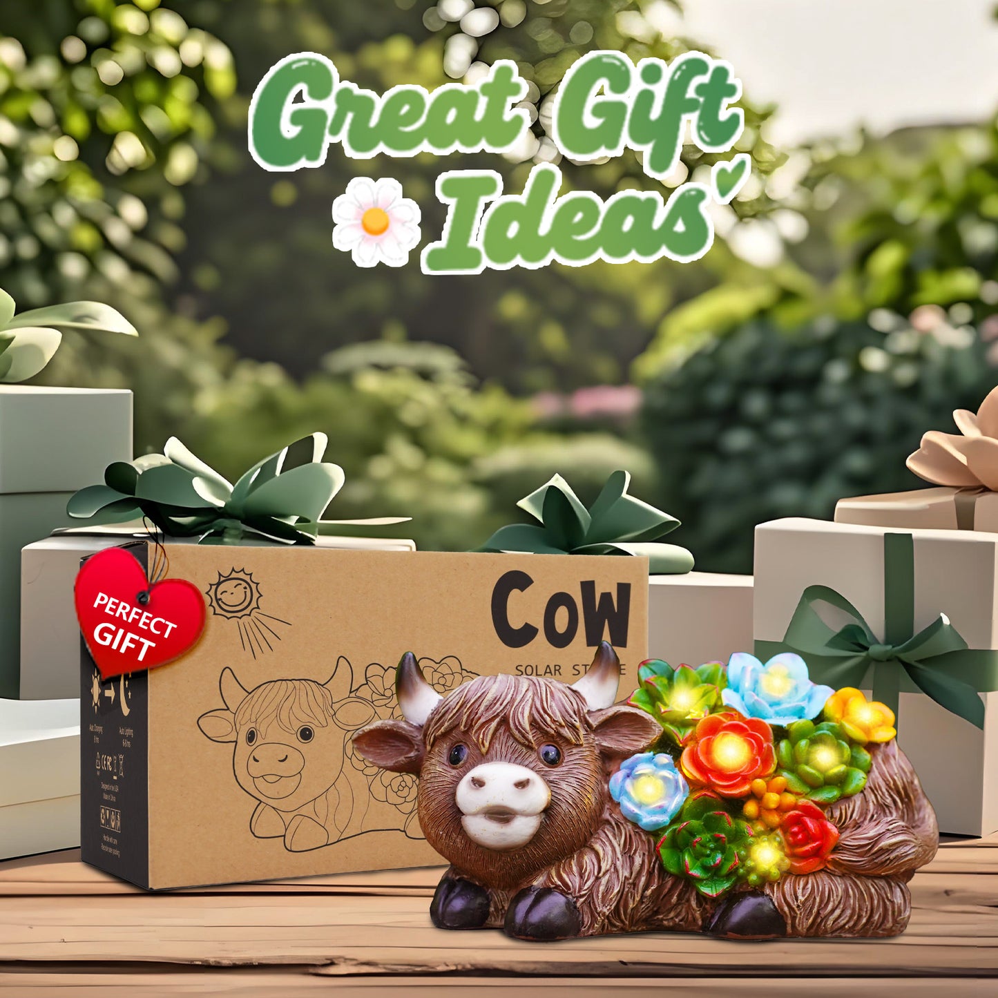 Nacome Solar Garden Statues Highland Cow with Succulent and 6 LED Lights - Lawn Decor for Patio Balcony Yard Ornaments - Birthday Gifts Mom Grandma Women(Brown)