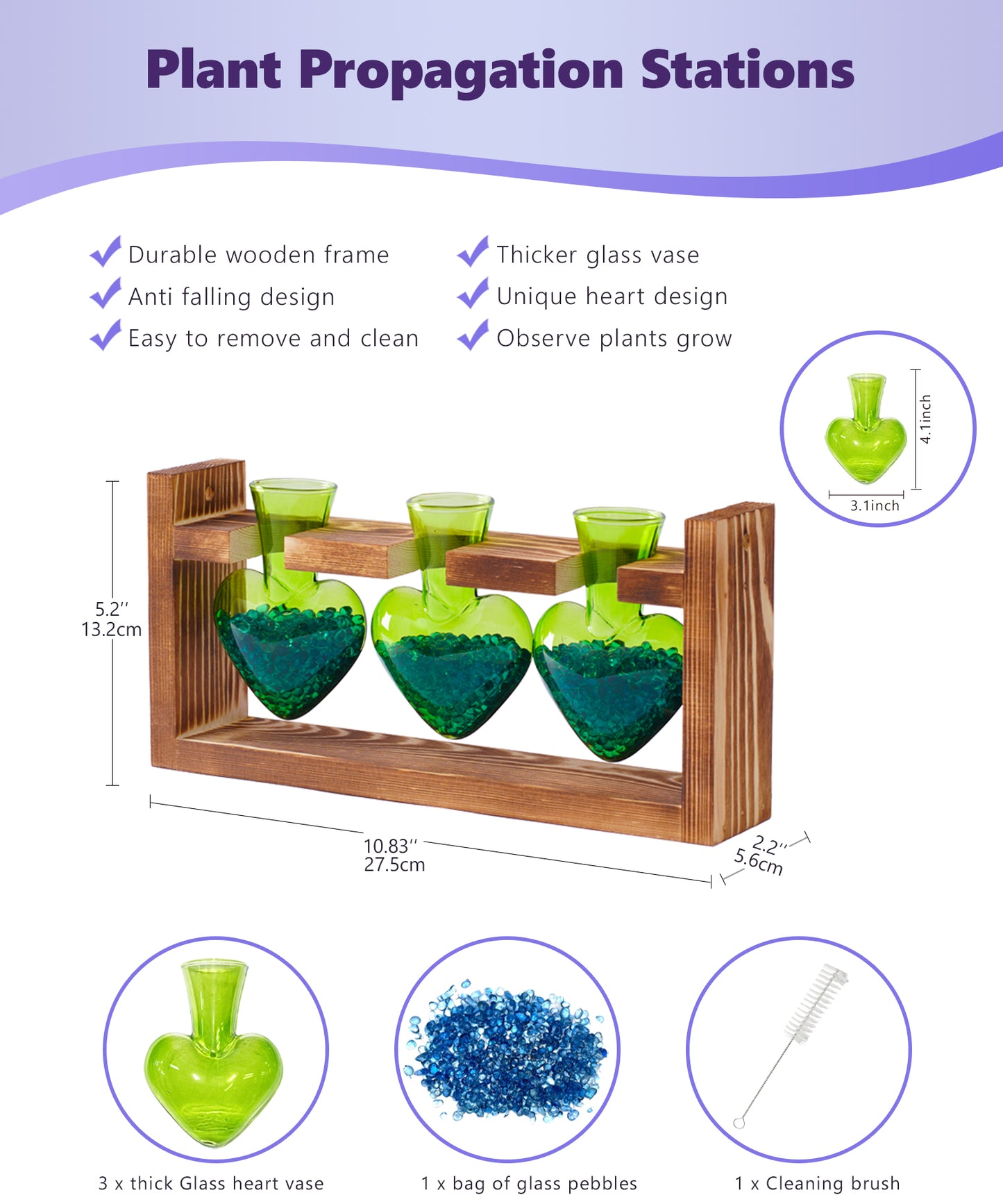 Nacome Plant Terrarium for Office Decor: Birthday Gifts for Plant Lovers Women Mom Wife - Wooden Stand Tabletop Planter 3 Bulb Glass Vase Heart Shaped for Hydroponics Indoor Home(Green)