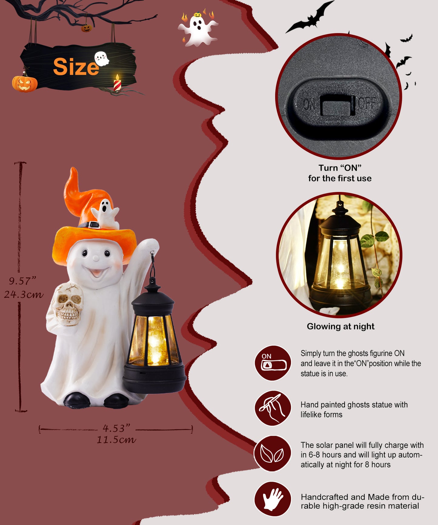 Nacome Halloween Cute Ghost with Solar Lantern: Scary Figurine Spooky Decoration for Garden Outdoor, Holiday, Party, Indoor, Office,Dinner Table - Adorable Gift Ideal Choice