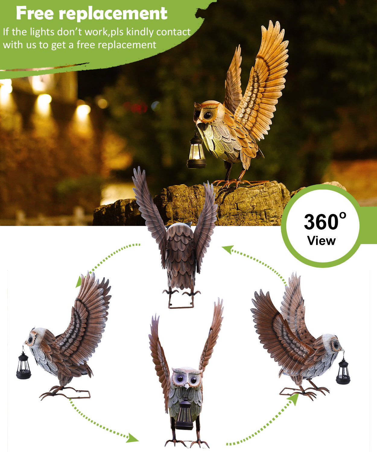 Nacome Garden Owl Statue for Yard Art: Metal Outdoor Sculptures with Solar Lantern for Clearance Lawn Decor for Patio Balcony Front - Gifts for Mom Grandma