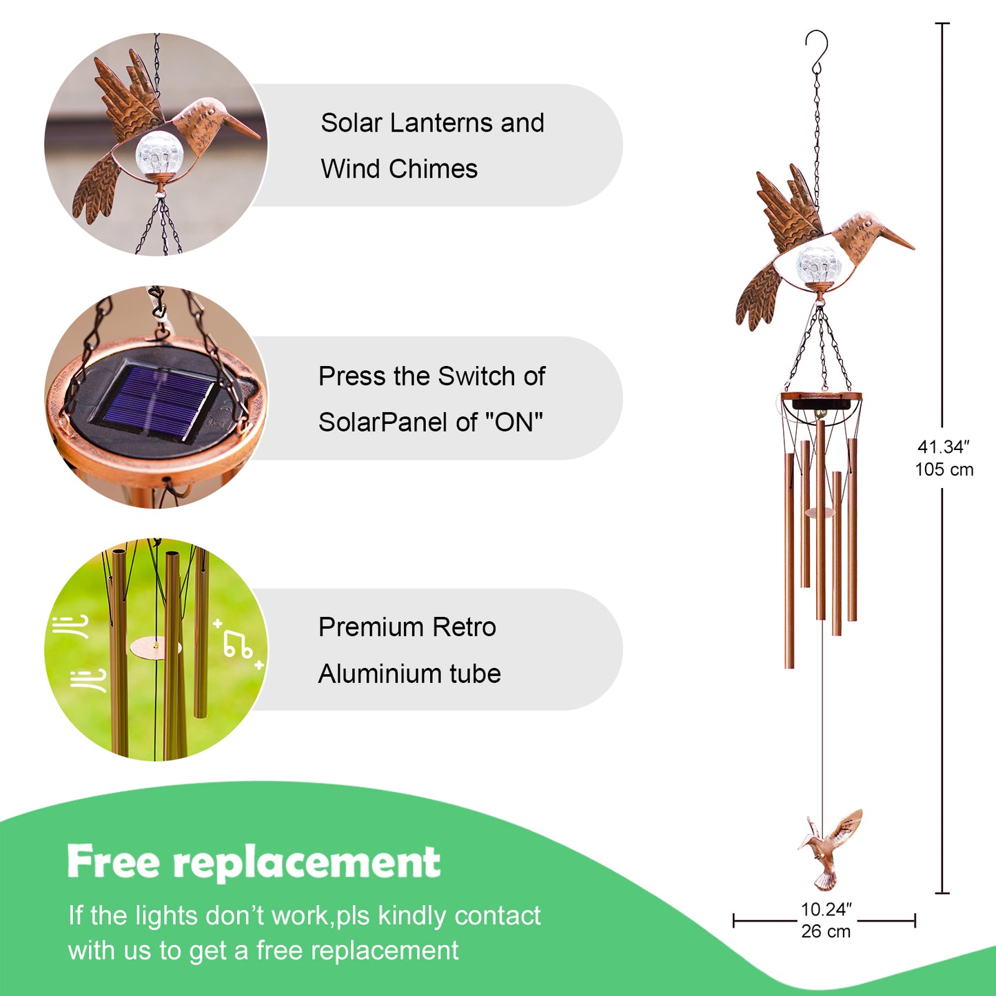 Solar Wind Chimes Outdoor Indoor Decor: Birthday Gifts for Mom/Grandma Outside Solar Lights for Garden Decor(Hummingbird)