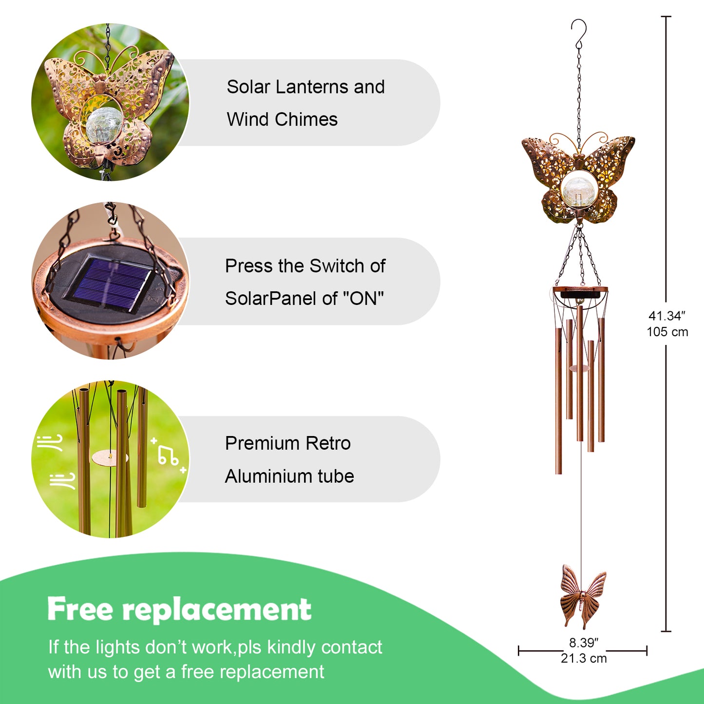 Solar Wind Chimes Outdoor Indoor Decor: Birthday Gifts for Mom/Grandma Outside Solar Lights for Garden Decor(Butterfly)