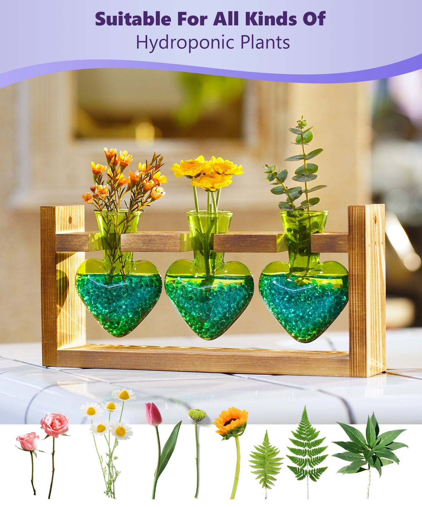 Nacome Plant Terrarium for Office Decor: Birthday Gifts for Plant Lovers Women Mom Wife - Wooden Stand Tabletop Planter 3 Bulb Glass Vase Heart Shaped for Hydroponics Indoor Home(Green)