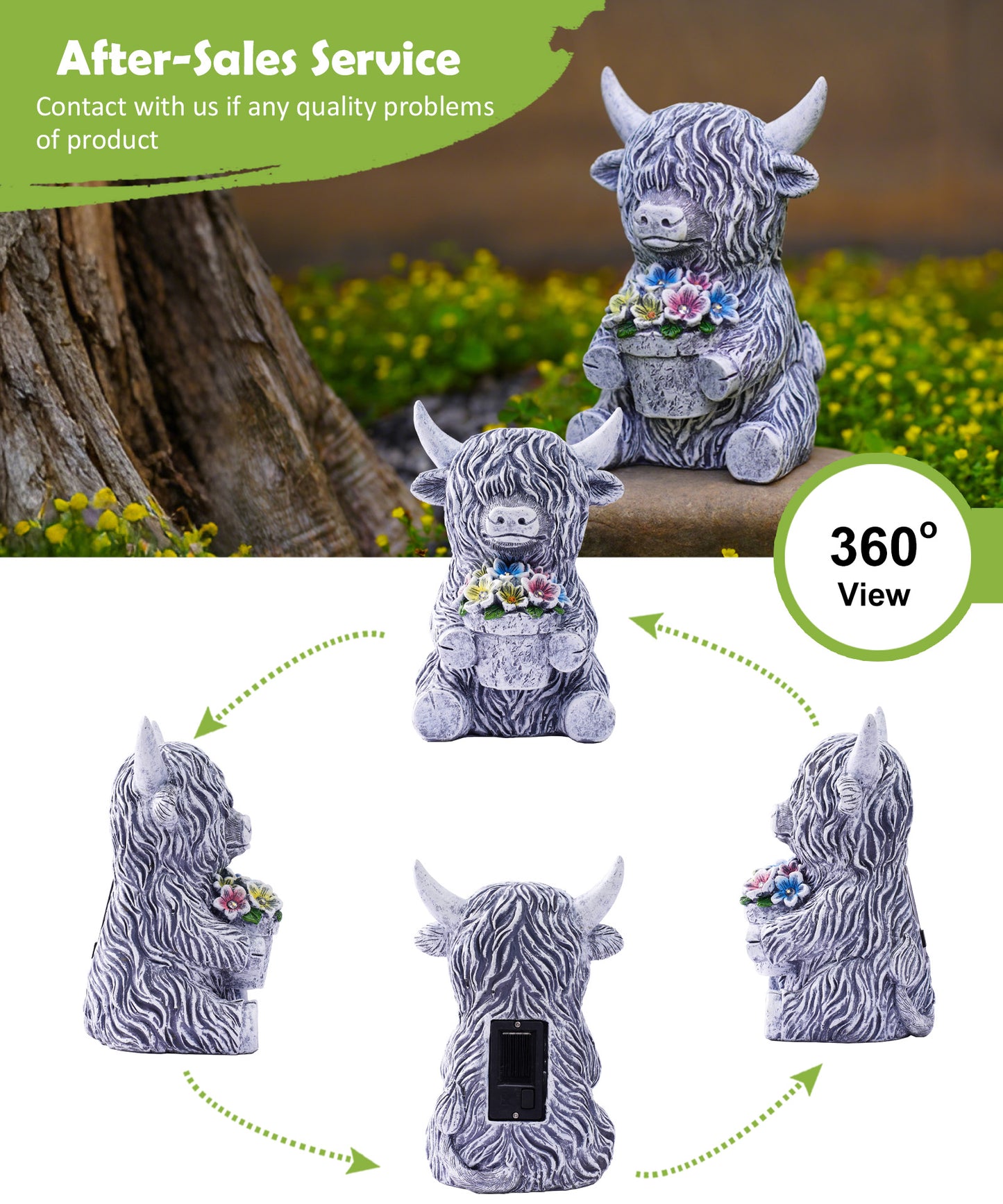 Nacome Solar Garden Highland Cow Holding Succulent Planter with LED Lights Outdoor Decor for Outside Yard Patio Balcony Porch Decorations - Birthday Gifts Mom Grandma Women(Grey)