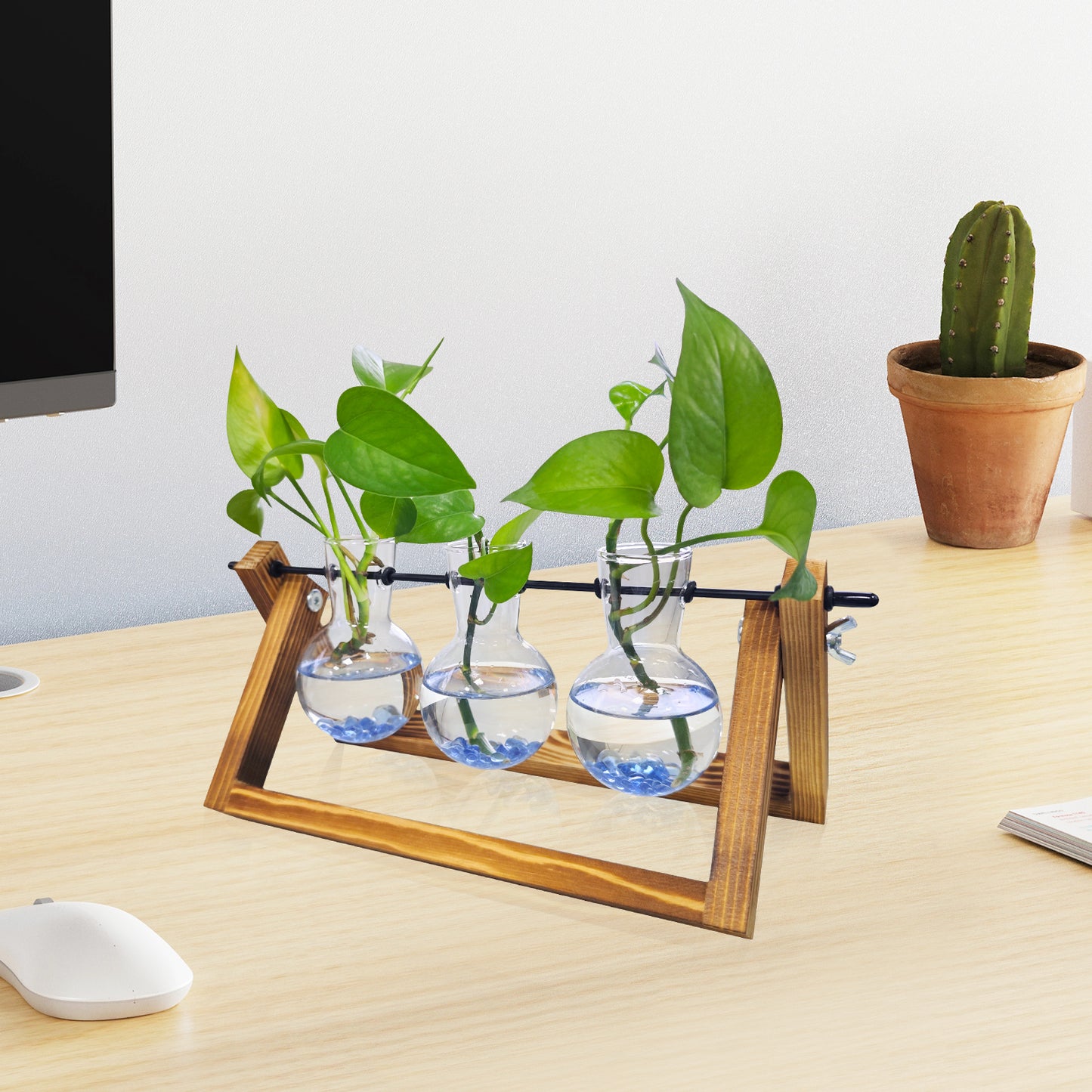 Nacome Plant Terrarium for Office Decor: Wooden Stand Tabletop Planter 3 Bulb Glass Vase Metal Swivel Holder for Hydroponics Home Garden Decor - Planter Lovers Birthday Gifts for Women Mom Grandma