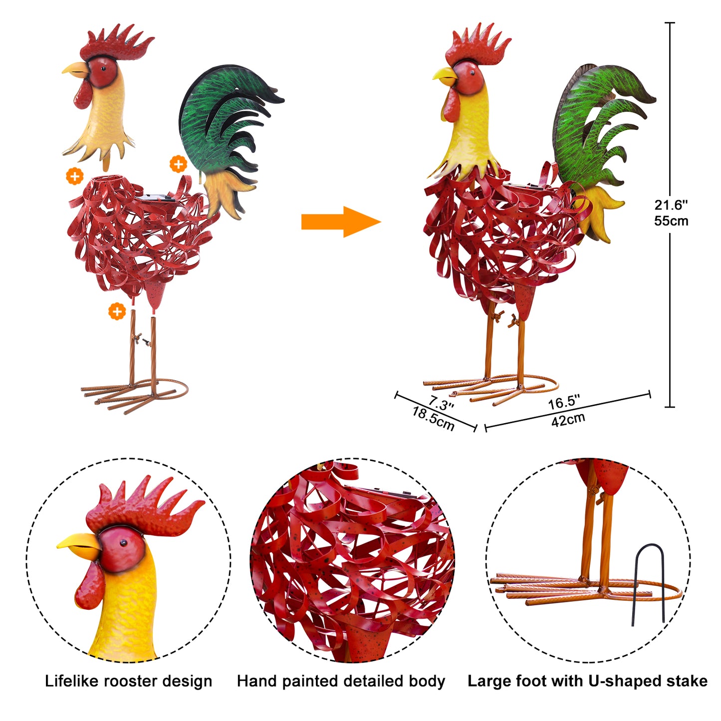 Nacome Metal Rooster Decor for Yard Art: Solar Sculptures & Statues Clearance Lawn Ornaments for Patio Balcony Front Backyard - Gifts for Grandma Mom