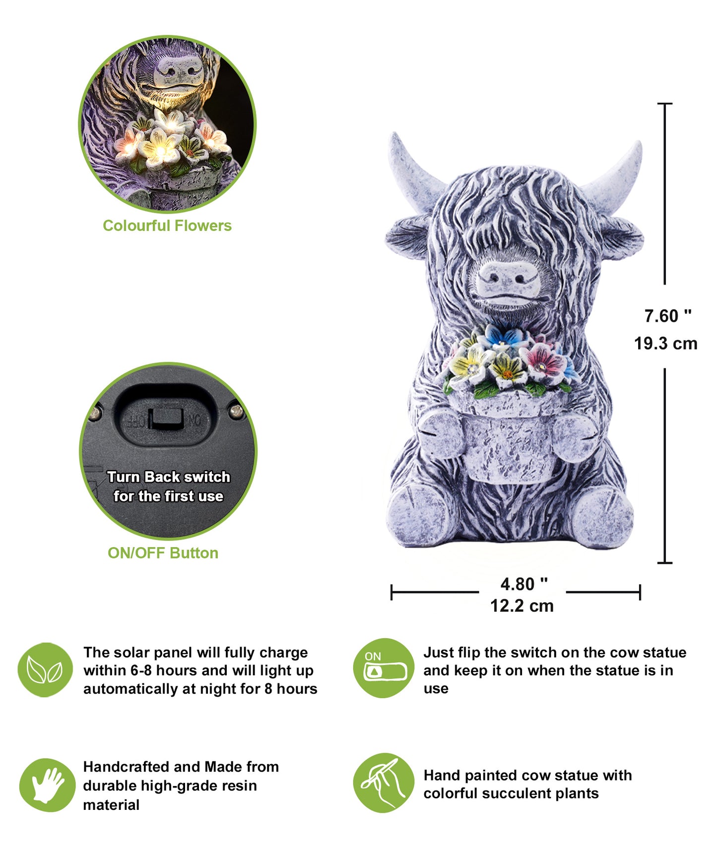 Nacome Solar Garden Highland Cow Holding Succulent Planter with LED Lights Outdoor Decor for Outside Yard Patio Balcony Porch Decorations - Birthday Gifts Mom Grandma Women(Grey)