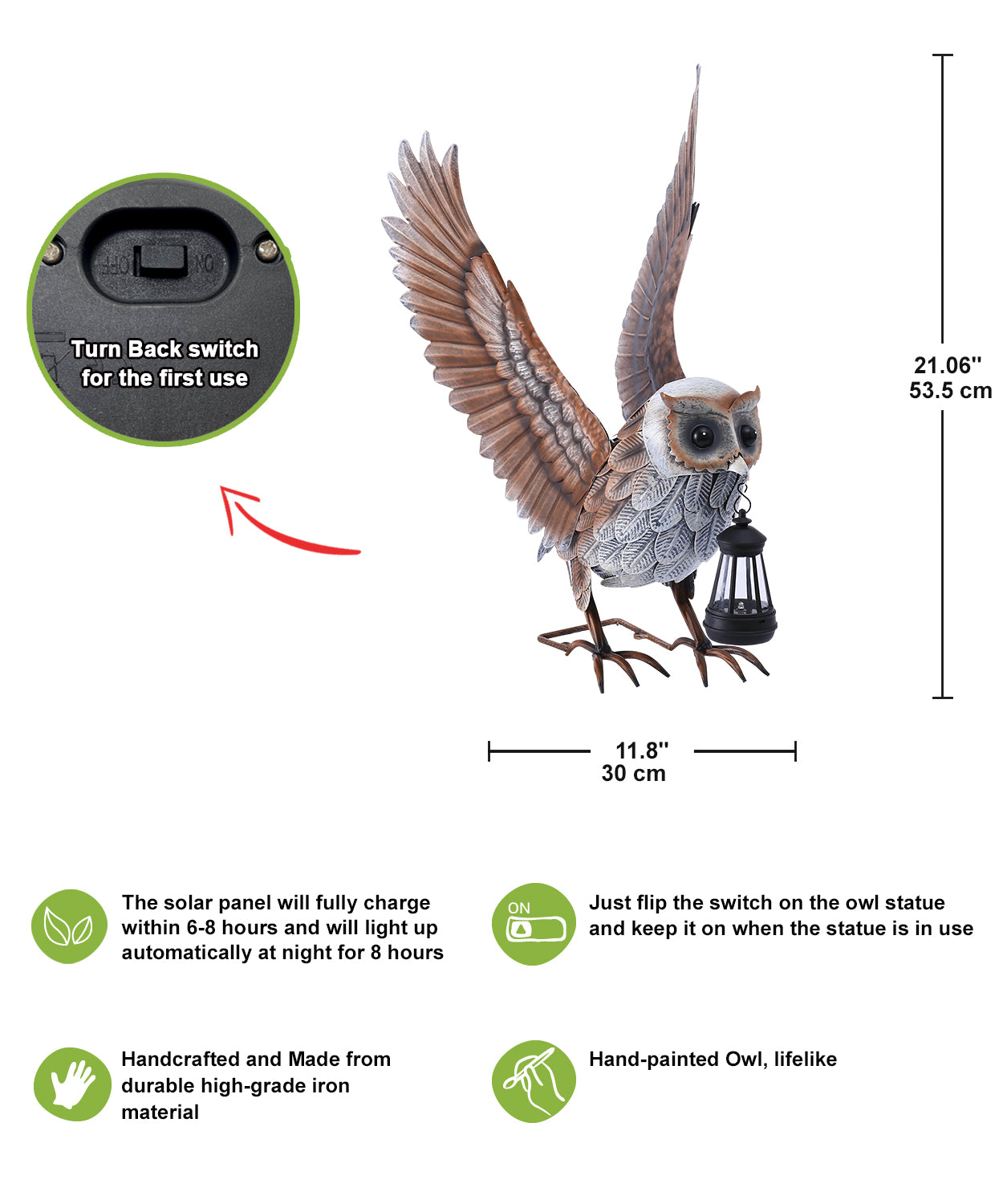Nacome Garden Owl Statue for Yard Art: Metal Outdoor Sculptures with Solar Lantern for Clearance Lawn Decor for Patio Balcony Front - Gifts for Mom Grandma