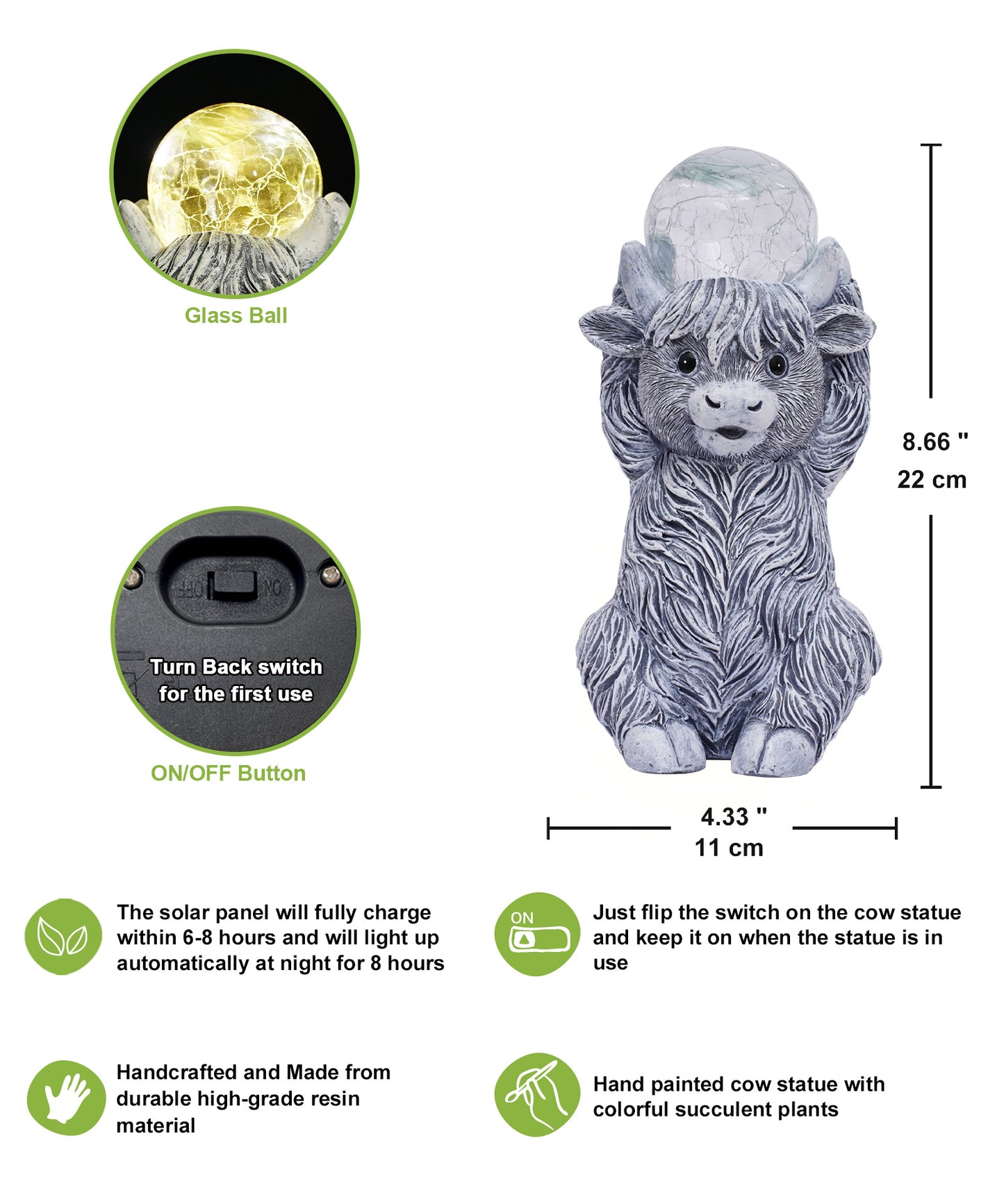 Nacome Solar Highland Cow Garden Decor - Outdoor Statues with Bubble Ball Balcony Lown Patio Porch Sculptures Front Yard Art for Outside - Birthday Gifts for Mom Grandma Women(Grey)