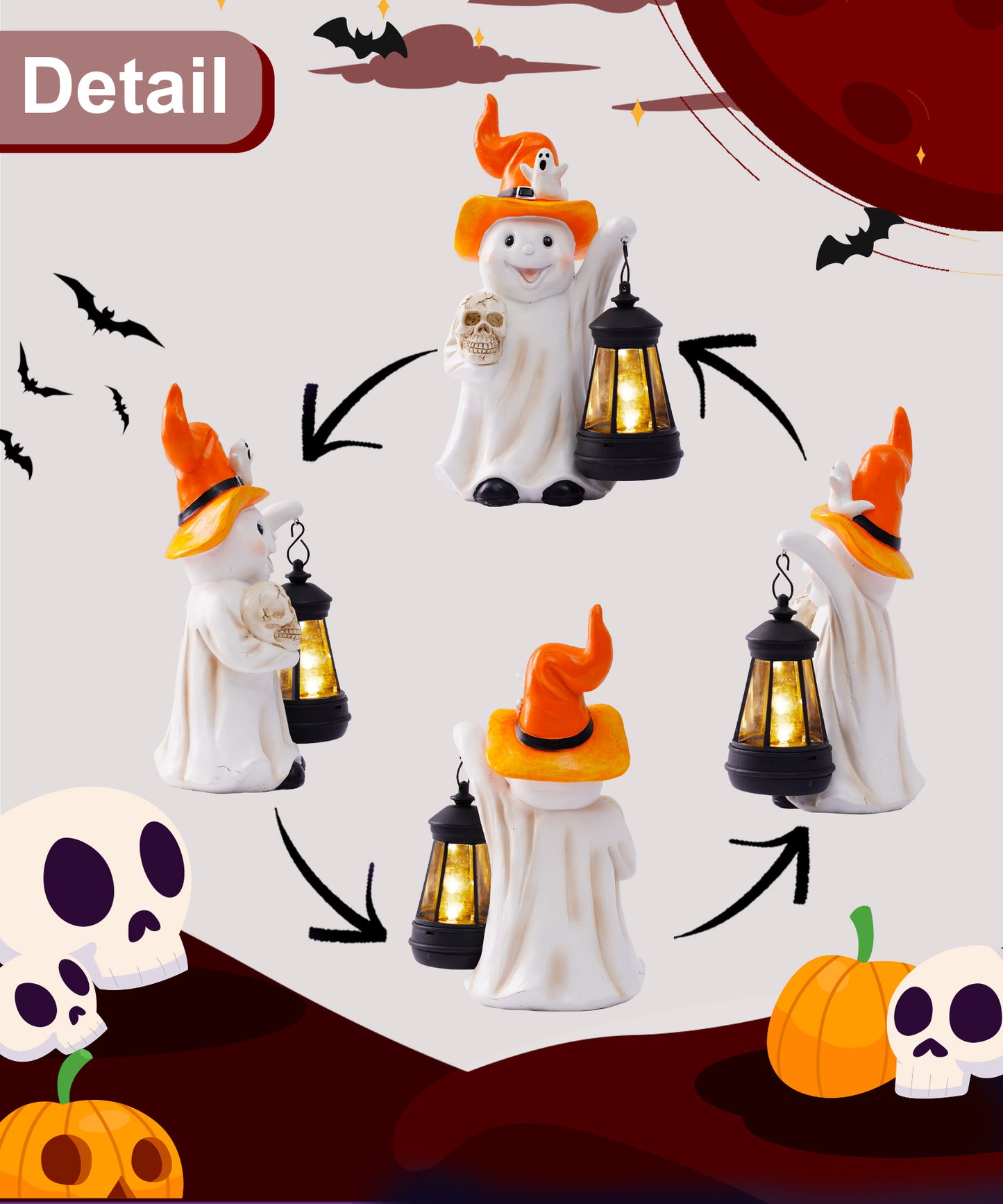 Nacome Halloween Cute Ghost with Solar Lantern: Scary Figurine Spooky Decoration for Garden Outdoor, Holiday, Party, Indoor, Office,Dinner Table - Adorable Gift Ideal Choice