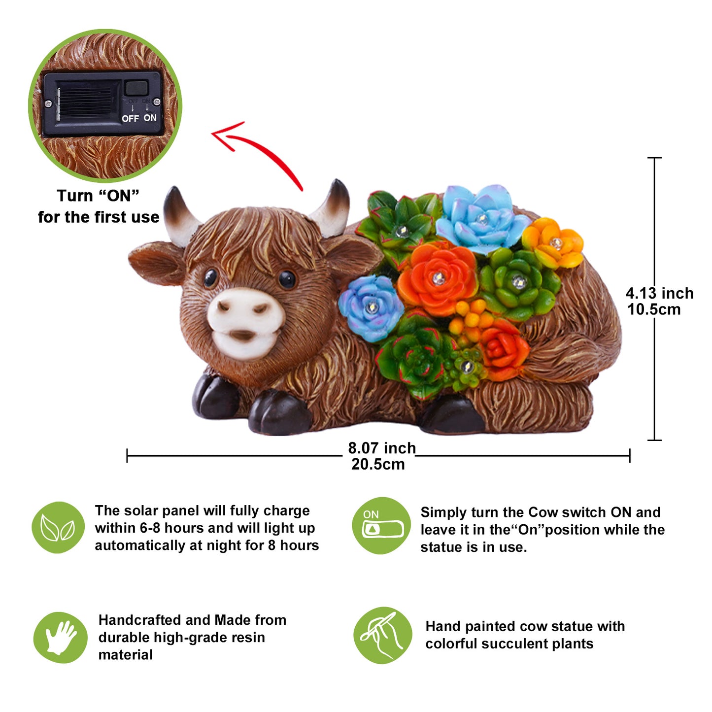 Nacome Solar Garden Statues Highland Cow with Succulent and 6 LED Lights - Lawn Decor for Patio Balcony Yard Ornaments - Birthday Gifts Mom Grandma Women(Brown)