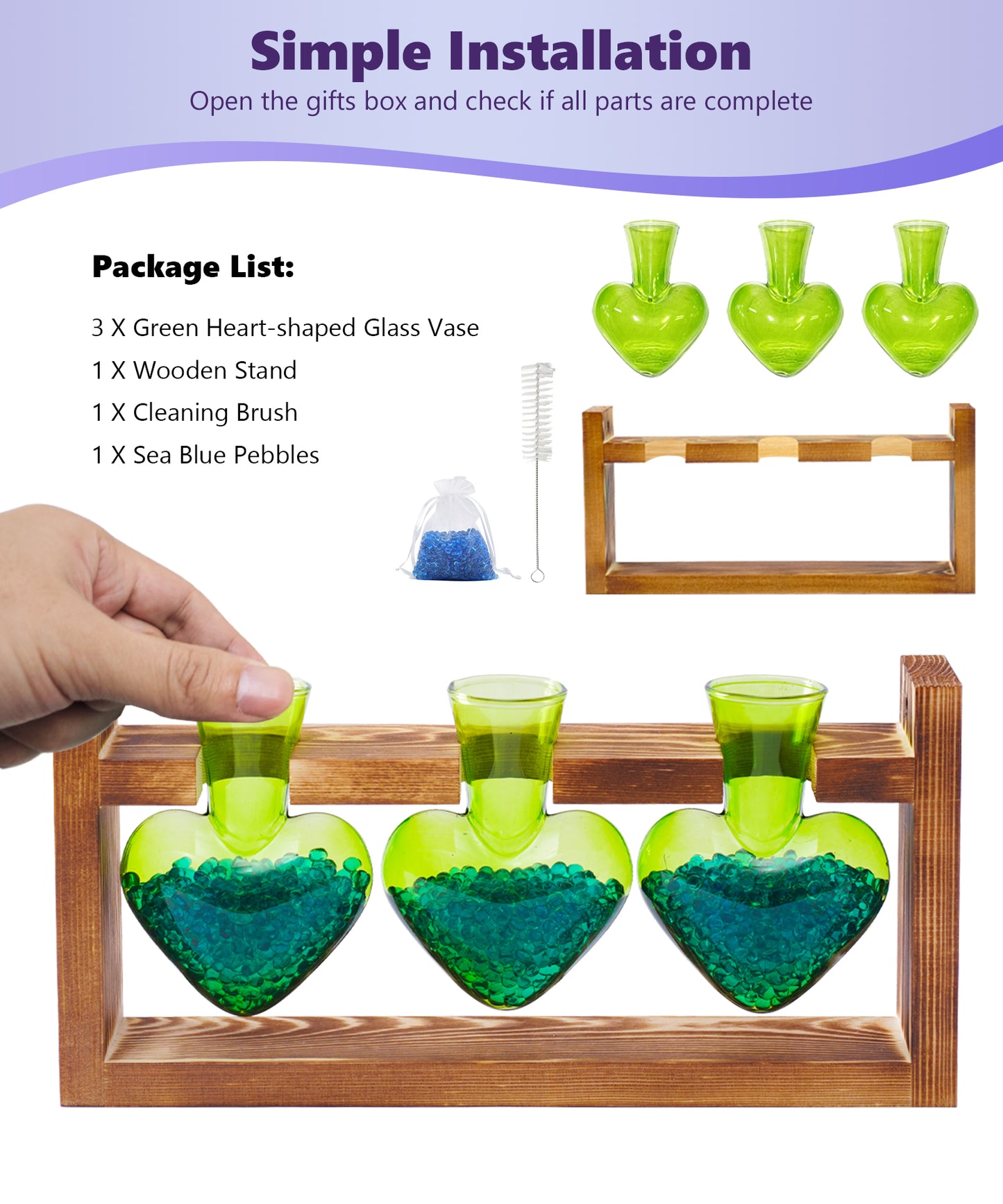 Nacome Plant Terrarium for Office Decor: Birthday Gifts for Plant Lovers Women Mom Wife - Wooden Stand Tabletop Planter 3 Bulb Glass Vase Heart Shaped for Hydroponics Indoor Home(Green)
