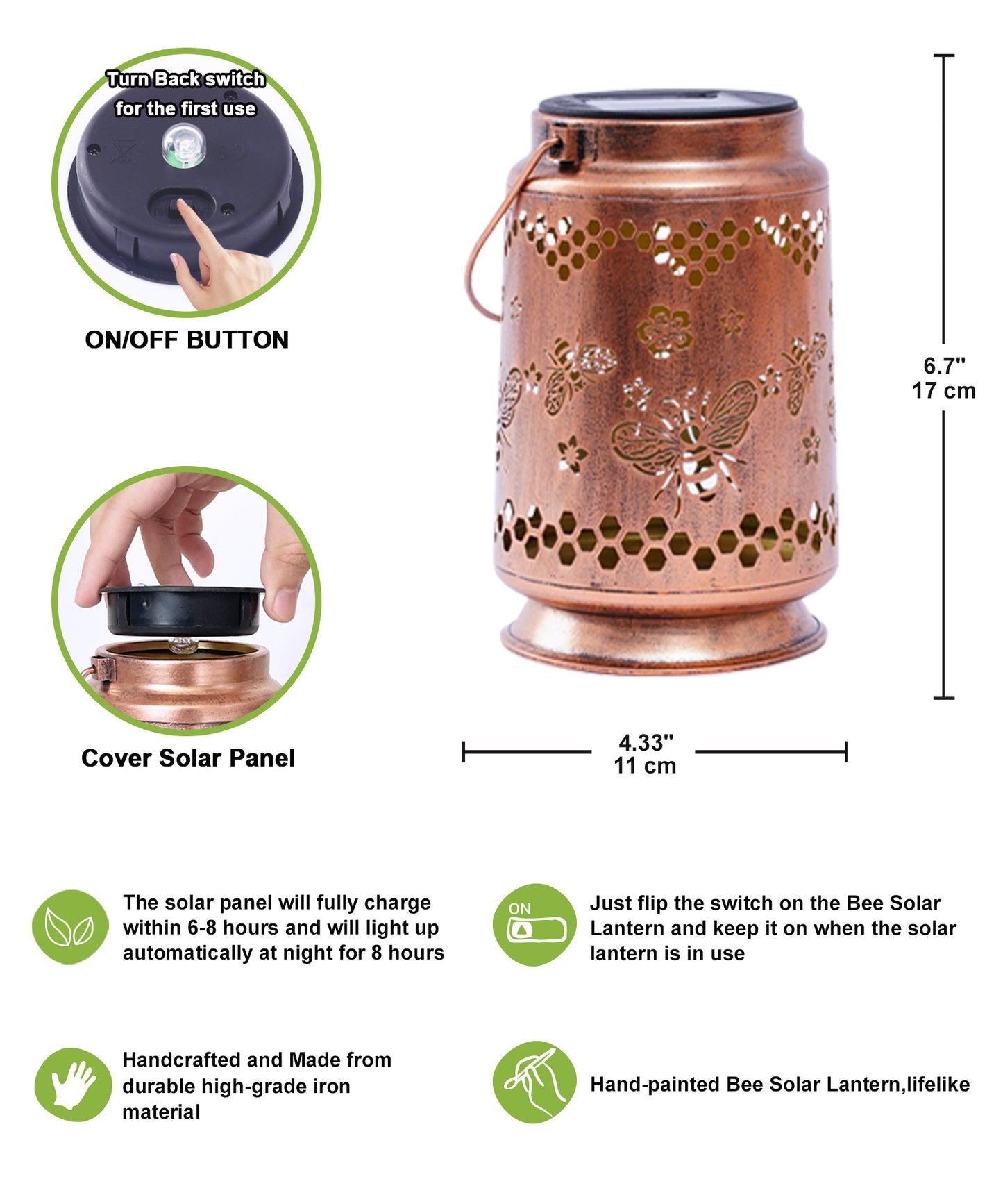 Nacome Bee Solar Lantern for Garden Decor: Waterproof Hanging Metal Decoration with LED Lights for Yard Lawn Porch Patio Landscape Pathway