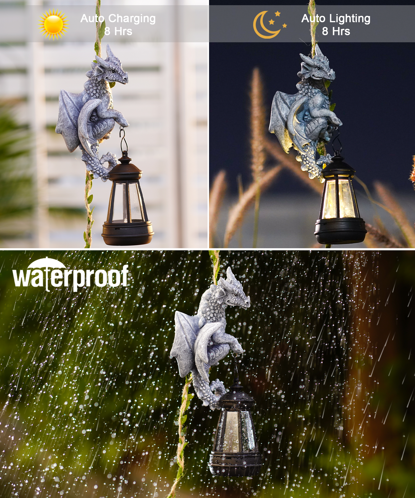 Nacome Solar Dragon Outdoor Statues for Garden: Outside Hanging Climbing Sculptures with Lantern Decor for Yard Art Porch Balcony - Birthday Gifts for Grandma Mom Women