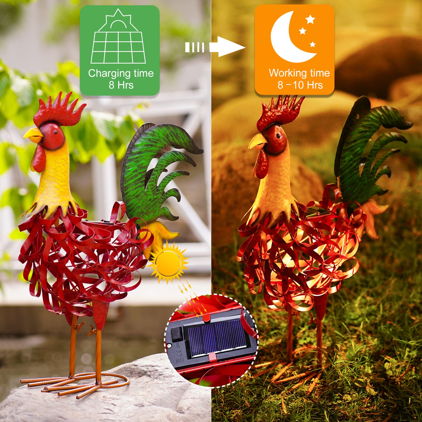 Nacome Metal Rooster Decor for Yard Art: Solar Sculptures & Statues Clearance Lawn Ornaments for Patio Balcony Front Backyard - Gifts for Grandma Mom