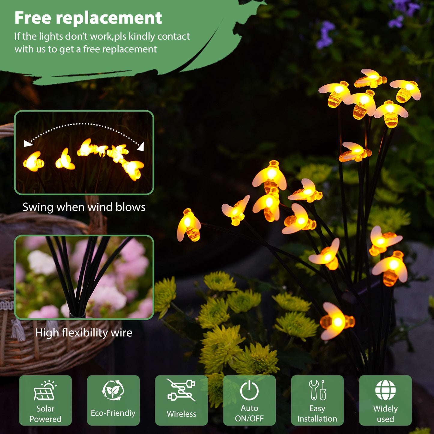 Nacome Solar Garden Lights for Outside – Landscape Decor,Yard Patio Decoration, Waterproof Swaying Bumble Bee(2Pack), Mom Gifts for Women