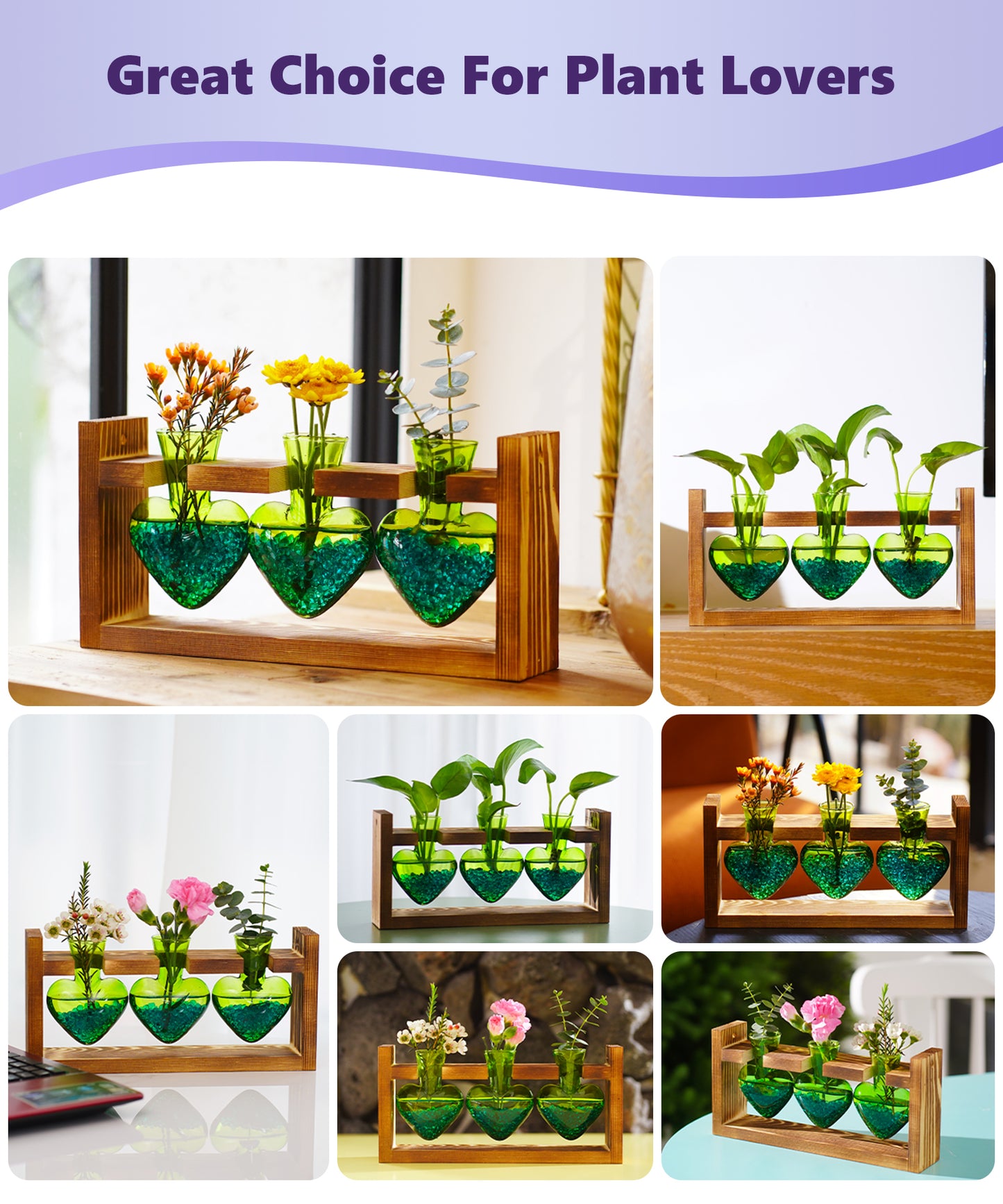 Nacome Plant Terrarium for Office Decor: Birthday Gifts for Plant Lovers Women Mom Wife - Wooden Stand Tabletop Planter 3 Bulb Glass Vase Heart Shaped for Hydroponics Indoor Home(Green)