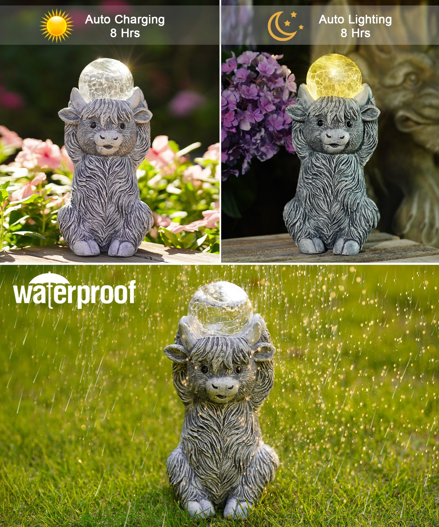 Nacome Solar Highland Cow Garden Decor - Outdoor Statues with Bubble Ball Balcony Lown Patio Porch Sculptures Front Yard Art for Outside - Birthday Gifts for Mom Grandma Women(Grey)