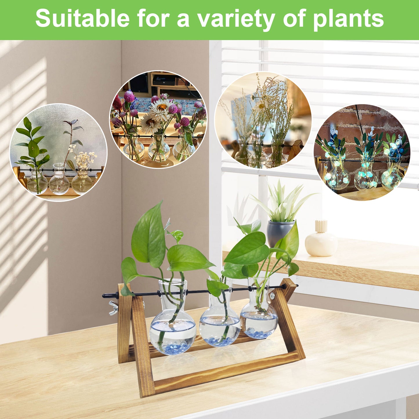 Nacome Plant Terrarium for Office Decor: Wooden Stand Tabletop Planter 3 Bulb Glass Vase Metal Swivel Holder for Hydroponics Home Garden Decor - Planter Lovers Birthday Gifts for Women Mom Grandma