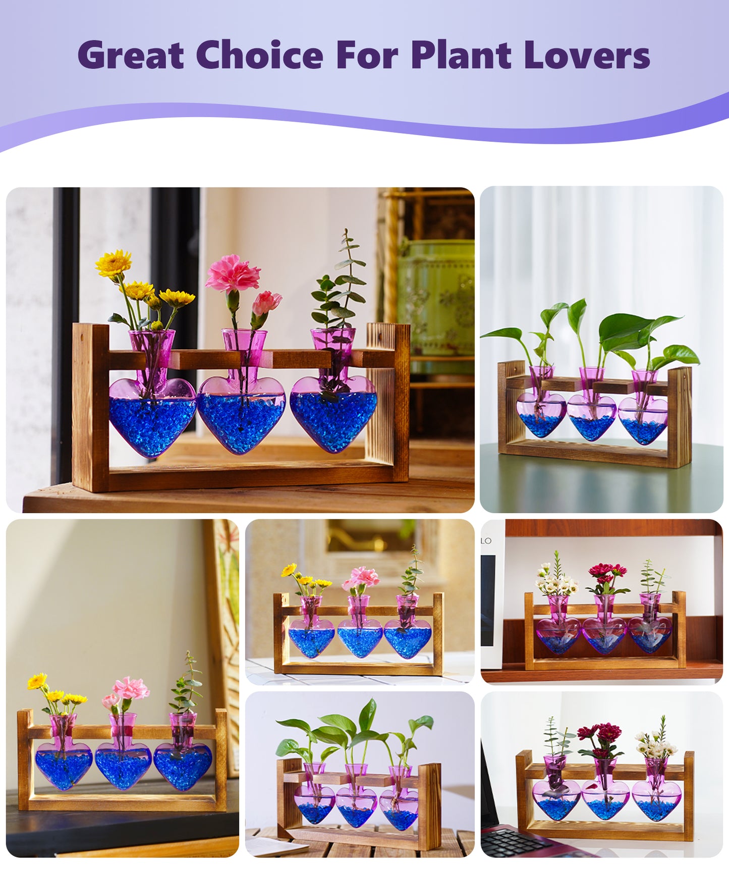 Nacome Plant Terrarium for Office Decor: Birthday Gifts for Plant Lovers Women Mom Wife - Wooden Stand Tabletop Planter 3 Bulb Glass Vase Heart Shaped for Hydroponics Indoor Home(Purple)